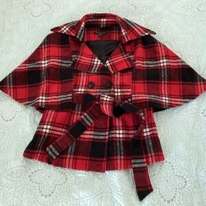 Twentyone, sz small, red/black plaid, cape coat, cropped